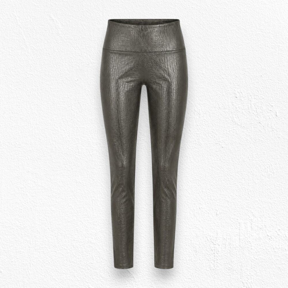 SPANX Faux Leather Dark Olive Green Croc Shine Leggings Size Medium NWT